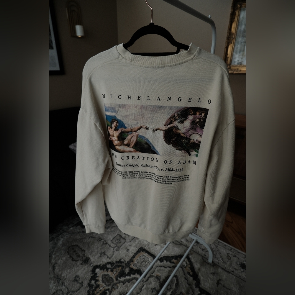 Beige Oversized Crewneck Sweater with Michelangelo Design